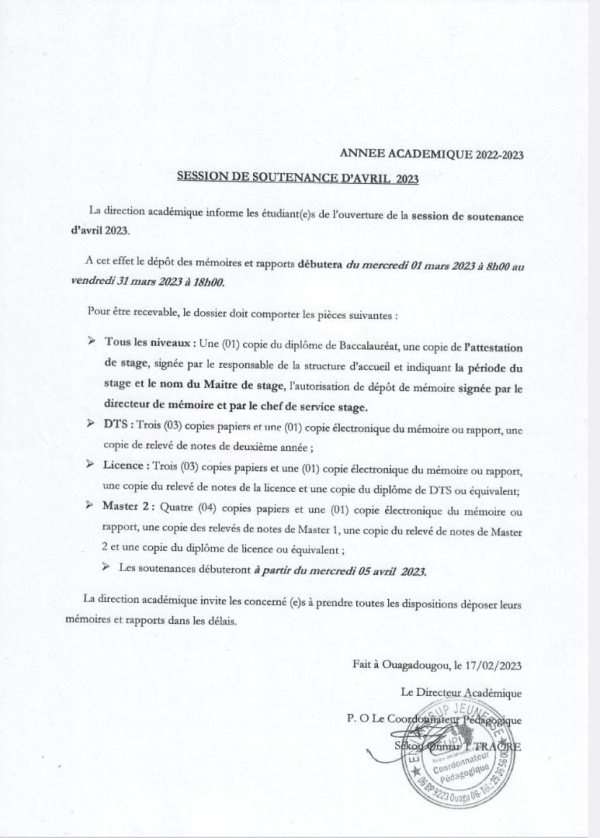 SESSION DE SOUTENANCE D'AVRIL 2023