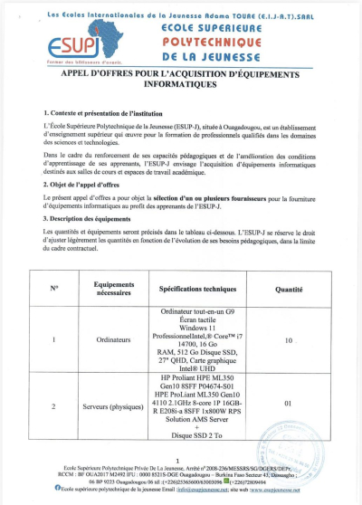 APPEL D’OFFRES POUR L’ACQUISITION D’ÉQUIPEMENTS INFORMATIQUES
